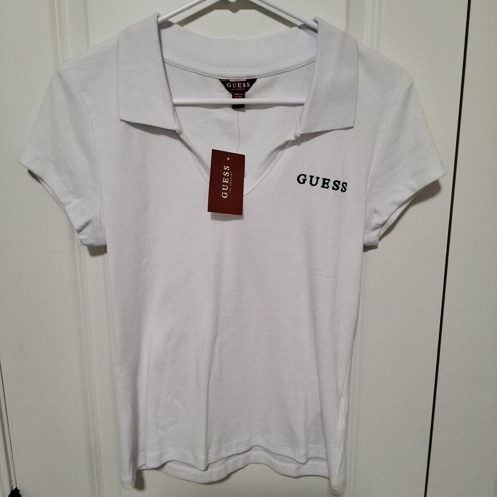 Guess Women's Ribbed V-Neck Logo Polo Shirt White Size X-Large New w/ Tags